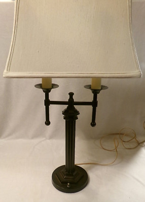 VINTAGE LEVITON OIL RUBBED BRONZE TABLE LAMP w/SHADE - Ribbed Spindle Stem