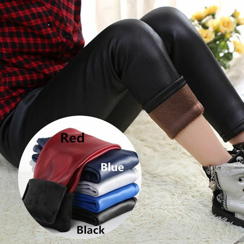 Girls Leather Leggings Pencil Pants Kids Polyester Warm Trousers Winter  Children