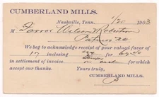 NASHVILLE TN/TENNESSEE Postal Card CUMBERLAND MILLS to Patmos NC, Near Pittsboro