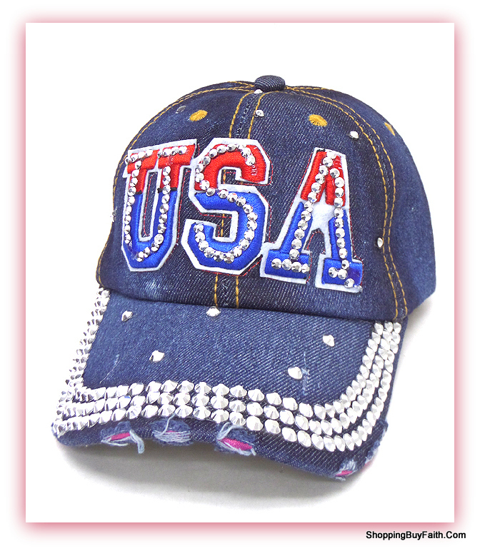 Red White Blue Bling Baseball Hat Adjustable Denim 