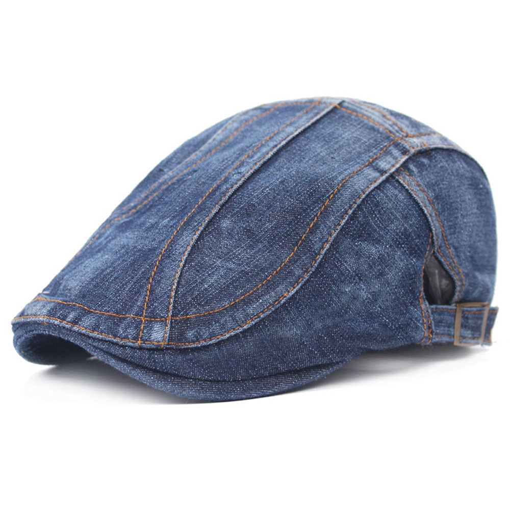 Men Striped Blue Denim Golf Driving Cap Adjustable Newsboy Beret Casual Hat