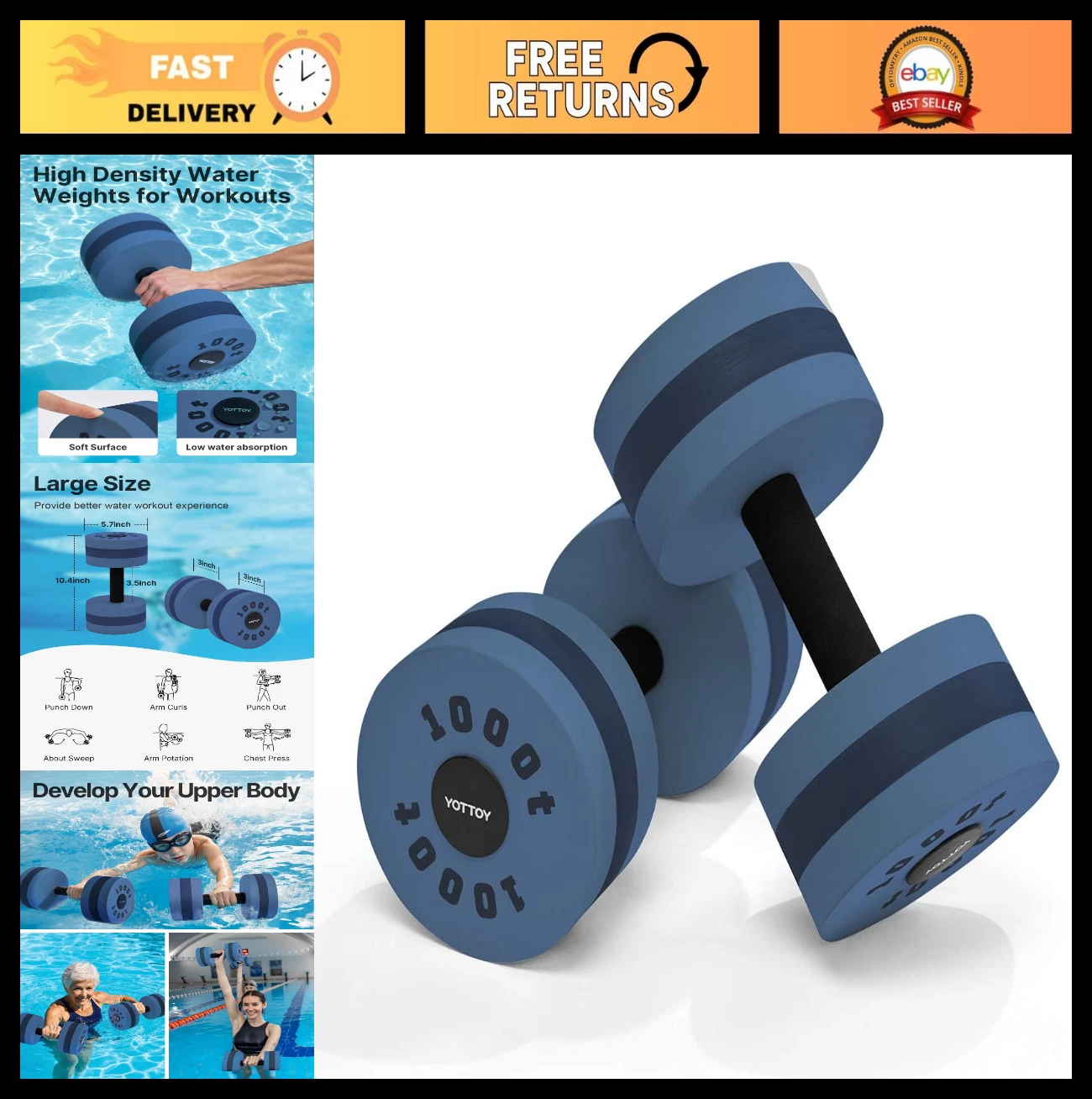 Water Dumbbells for Pool Exercise - Foam Aqua Weights for Aerobics & Therapy, Se