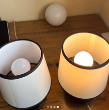 Pair Black Matt Metal Table Lamps w/ White Fabric Drum Shades, LED E14, Switch