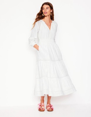 BODEN Neu mit Etikett weiß Rüschen gesmoktes Baumwollkleid - 16 R - Prairie-Stil Boho