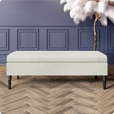 Image of Safar Plain Upholstered Storage Bench with Wooden Legs, Velvet Ottoman Footstool