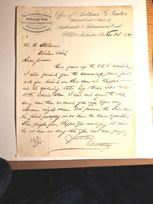 1879 Request For Payment For A Box Car Of Coal Rochester NY To Adrian, Michigan