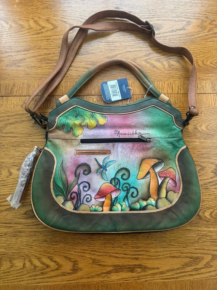 Anuschka Fairy Mushrooms Crossbody Leather Hand Painted Bag Purse Convertible - Image 2 of 4