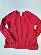 L.L.Bean Red Cotton Cable Knit Crewneck Sweater Size Large Preppy Classic