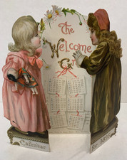 Girls kiss, WELCOME GREETING CALENDAR FOR 1895, complete, stand up, Raphael Tuck