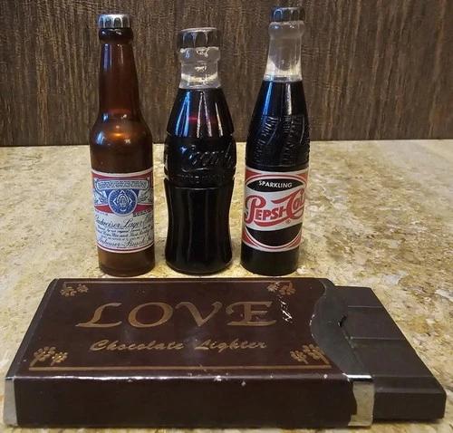 VTG Pepsi Cola~Coca Cola~Bud Miniature Bottle Lighters & Love Chocolate Lighter