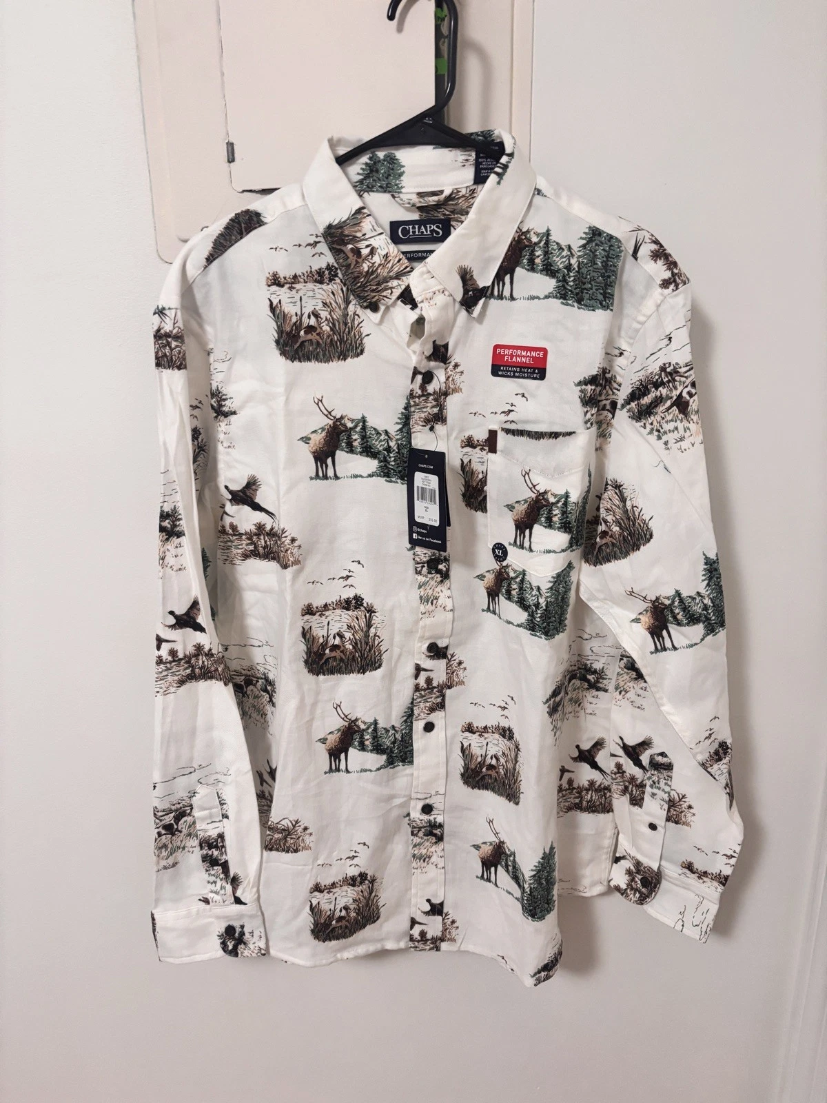 CHAPS Performance Flannel Shirt Mens XL Cream Hunting Wildlife Button Down