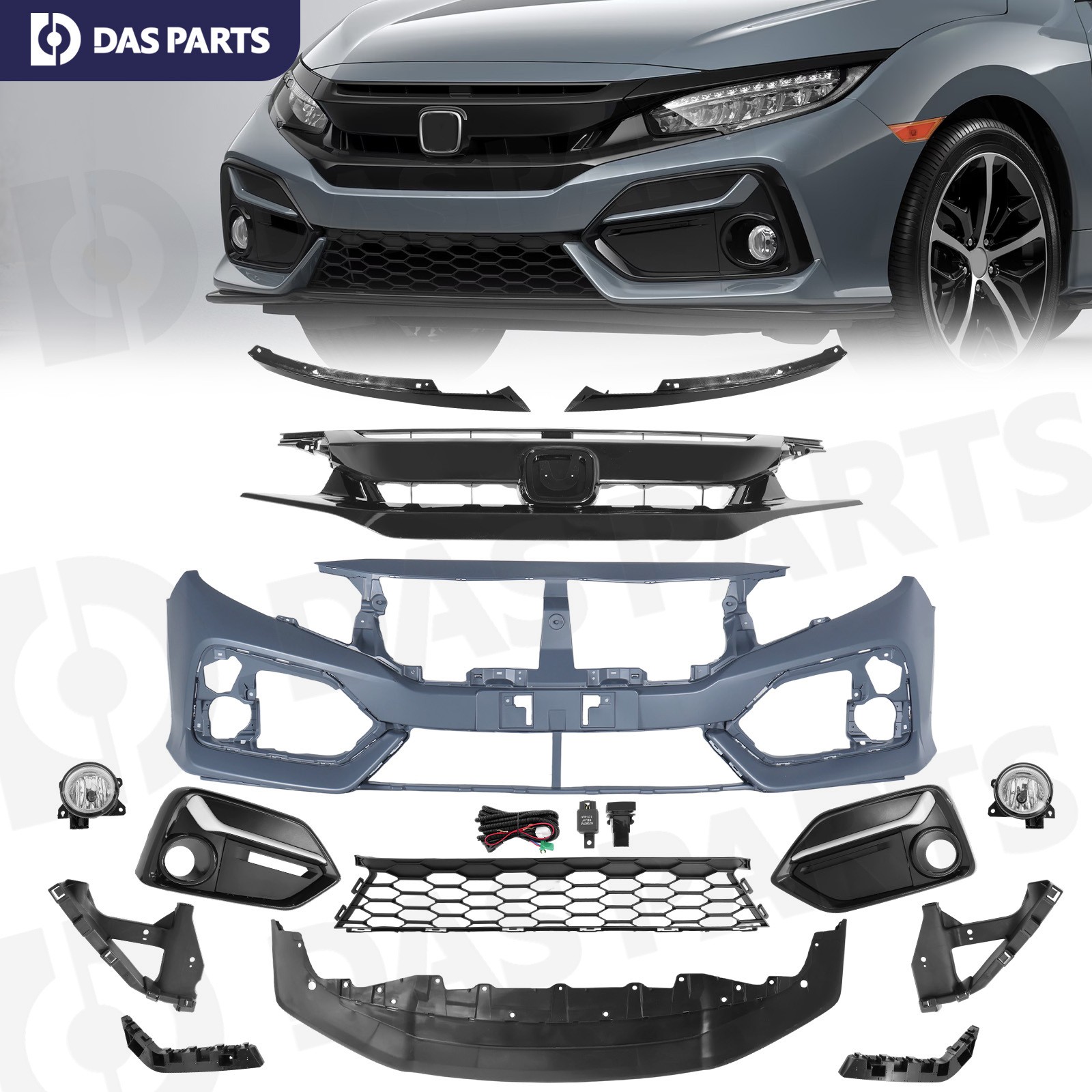 For 2020-2021 Honda Civic Front Bumper Cover Kit w/ Grille Gloss Black OE Style