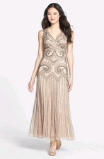 Pisarro Nights Beaded Mesh Gown Dress SZ 12 Blush Nude