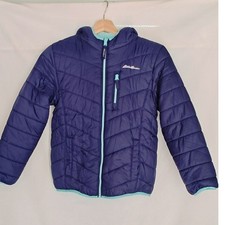 Eddie Bauer Youth Reversible Puffer Jacket Light Blue Navy Hood Fleece M 10 12
