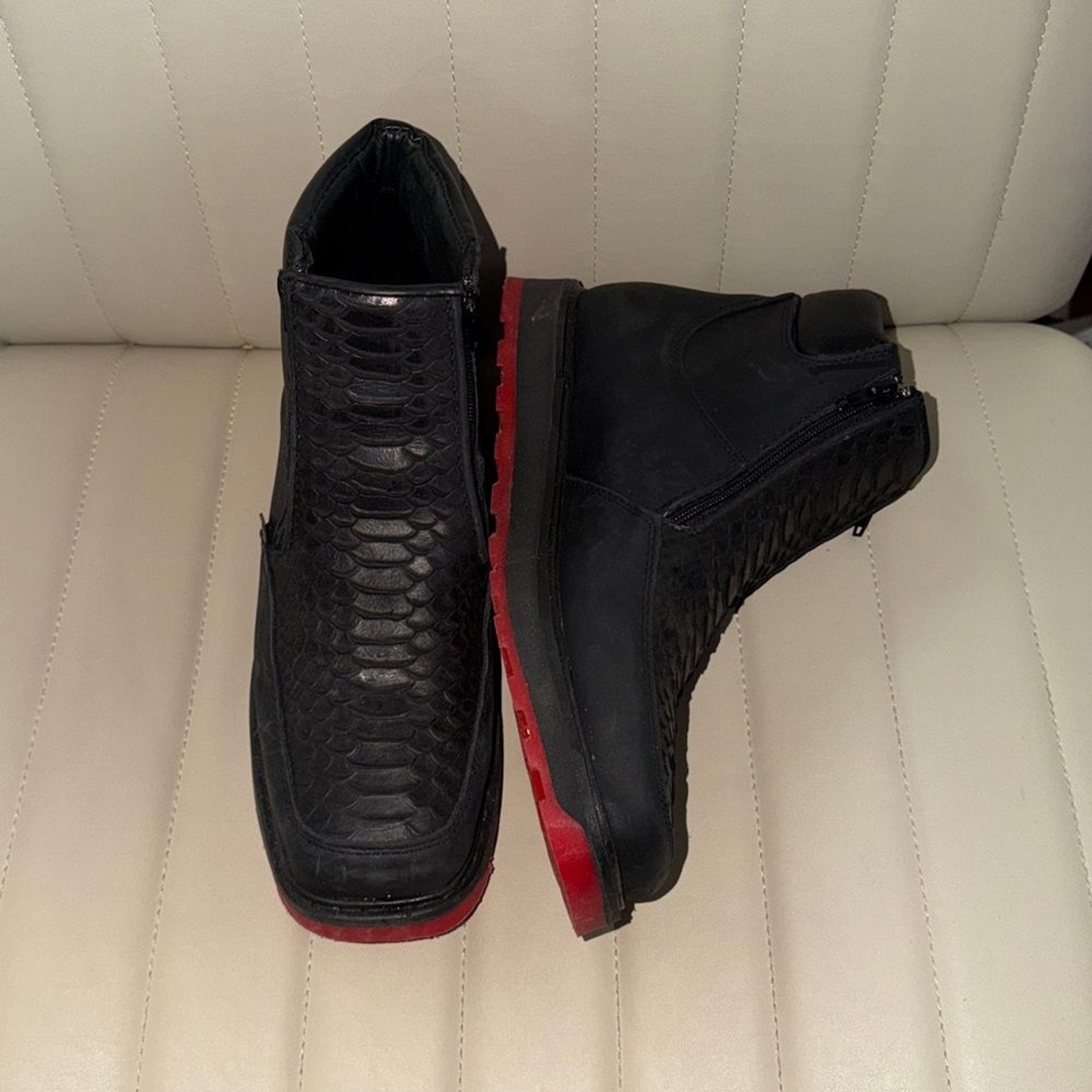 Black Python Print Square Toe Boots with Double Z… - image 1