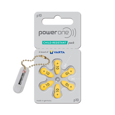 60 Power One Size 10 Hearing Aid Batteries + Battery Holder Keychain
