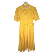 Caron Petite VTG Yellow Button Front Belted Midi Dress Sz 10 Puff Sleeve