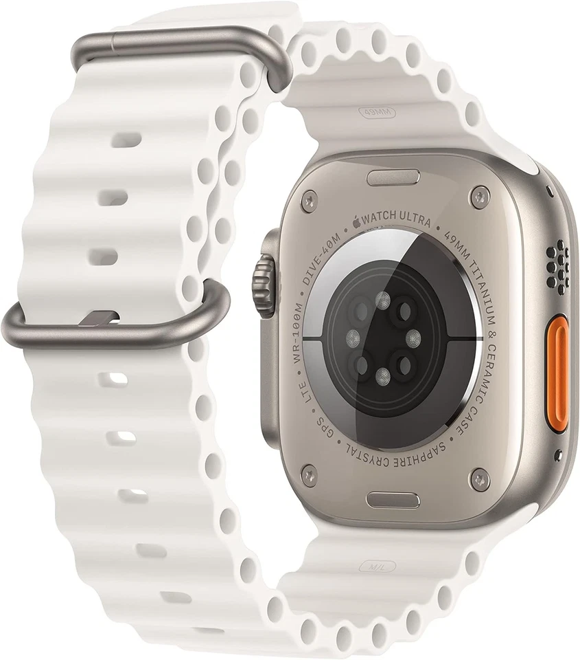 Apple Watch Ultra 49mm titânio (GPS + celular) pulseira oceânica branca - caixa aberta - Imagem 3 de 3
