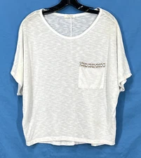 PROMESA Thin SLUB KNIT White OVERSIZED Embroidered Pocket Blouse/Top T-Shirt  S