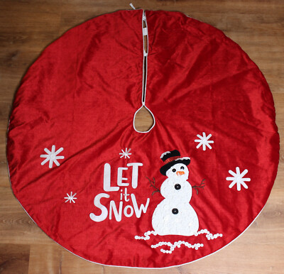 Let It Snow Button and Embroidered Snowman Red Christmas Tree Skirt 48'' Holiday 