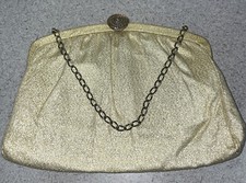 Vintage Metallic Gold Sparkly Fabric Evening Clutch Purse Metal Clasp Chain 1960