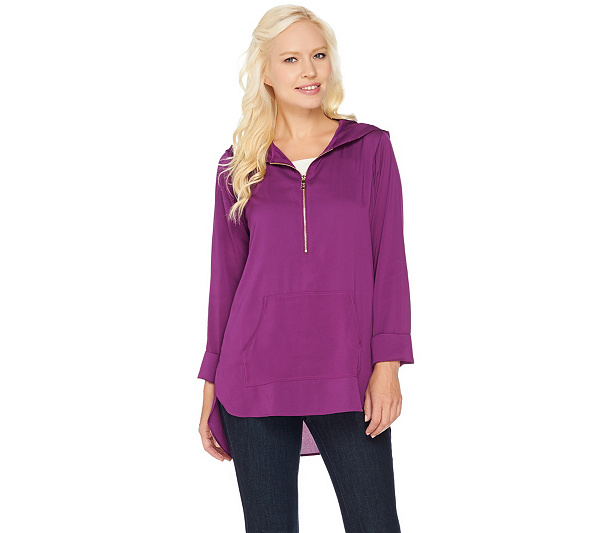 Belle by Kim Gravel Woven Half Zip Tunic with Hood BLACK Color Size M