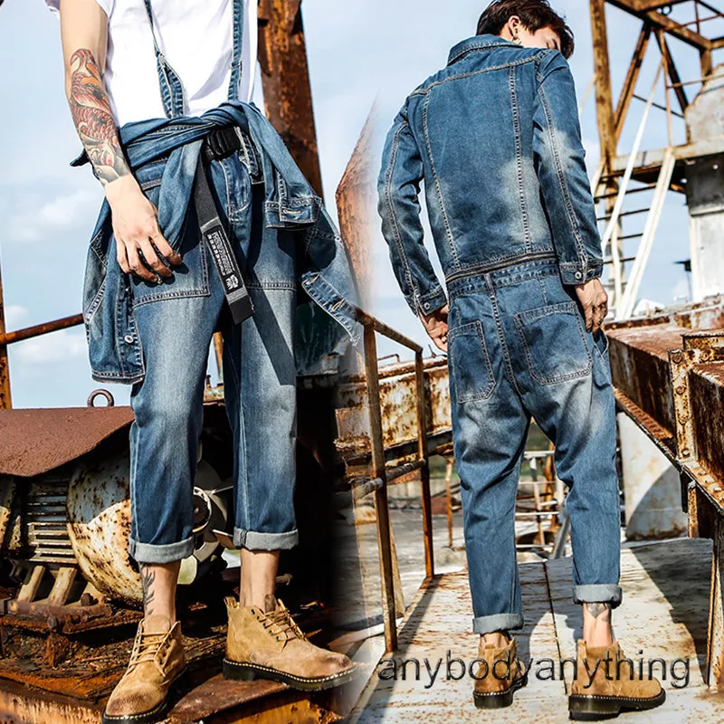 Men Denim Jumpsuit Detachable Jeans Overalls Casual Slim Rompers Cowboy  Trousers