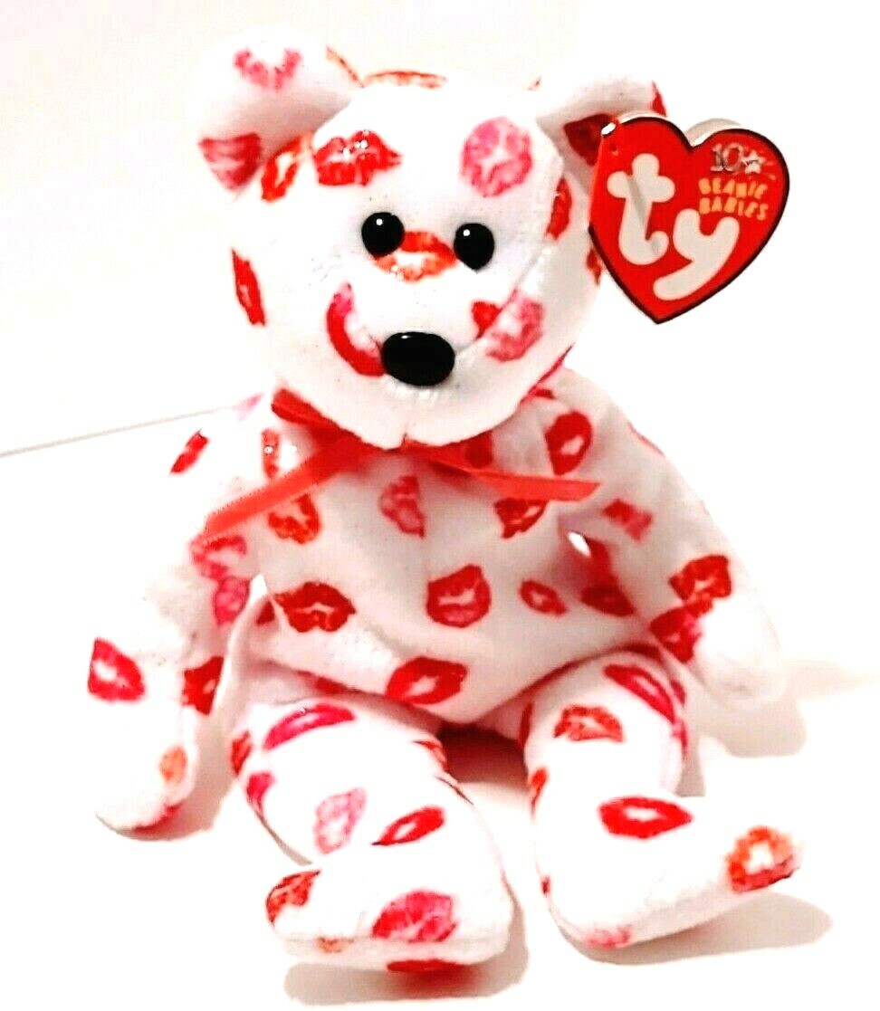 TY Beanie Babies Kissy Bear retired 2003 7 in white pink red lips pink