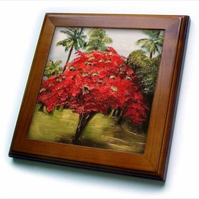3dRose Photo of a Flamboyant Tree with palms in Puerto Rico 8x8 Framed Tile