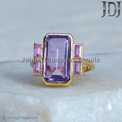 Solid 14K Yellow Gold Ring Natural Amethyst Pink Sapphire Gemstone Handmade Ring