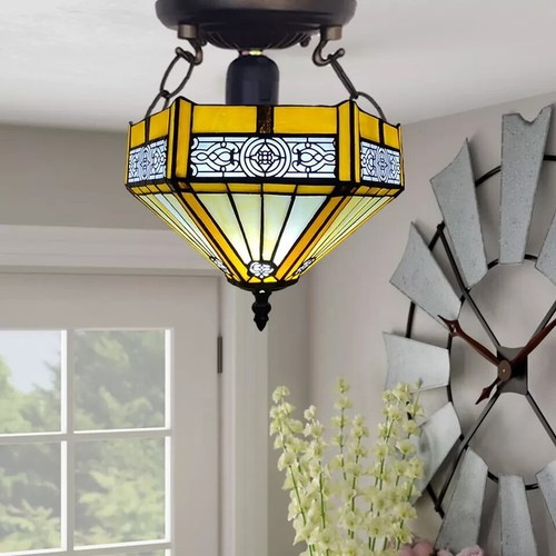 Tiffany Yellow Hexagon Ceiling Lamp 10 inch Stained Glass Shade Antique Style - 第 1/12 張圖片
