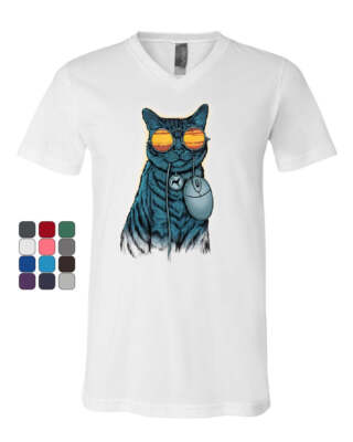 Cat and Mouse V-Neck T-Shirt Funny Cat Kitten Hacker AntiDog Anonymouse Tee