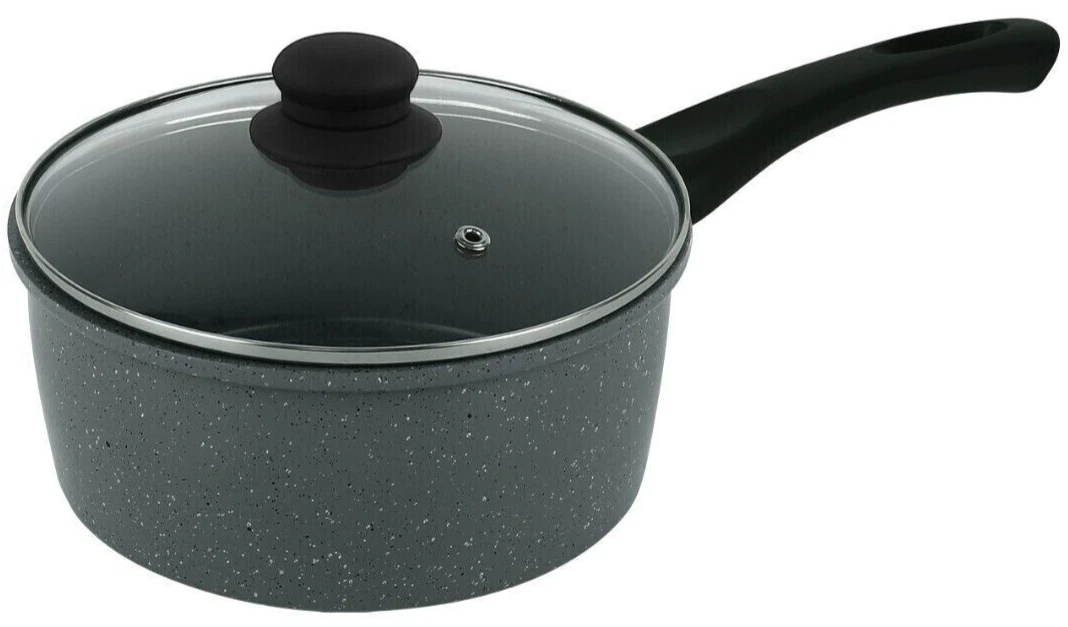 20cm Non-Stick Saucepan With Lid Carbon Steel Marble Effect Cooking Pot Grey Pan