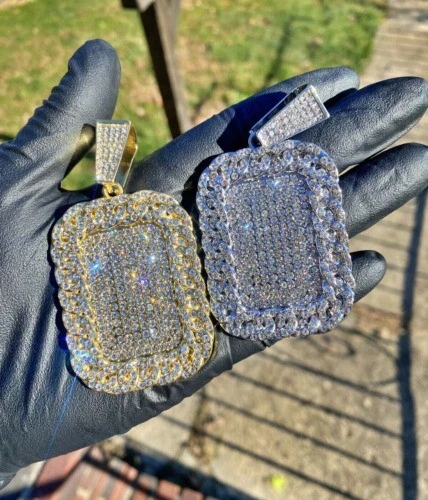 男式全冰闪亮狗牌吊坠不锈钢 14K 白金电镀 — 第 4/4 张图片