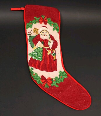 Vintage Needlepoint Old World Santa Toys Christmas Stocking