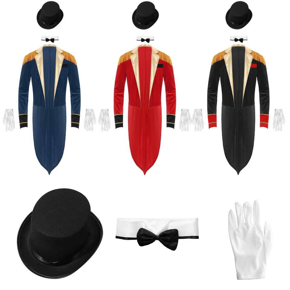 Men Circus Ringmaster Costume Long Sleeve Lapel Tailcoat Jacket with Accessories - Image 3 of 4