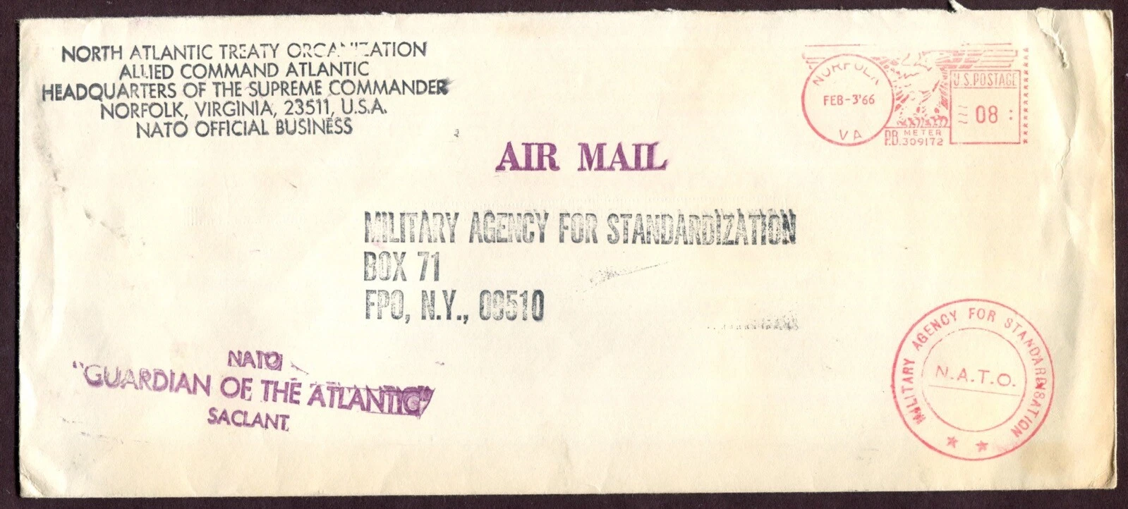 USA 1966 « GARDIEN DE L'ATLANTIQUE » OTAN POSTE AÉRIENNE COUVERTURE NORFOLK VA TO FPO NY
