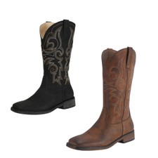 Women Ladies Distressed Embroidered Mid-Calf Cowgirl Boot Square Toe Black/Brown