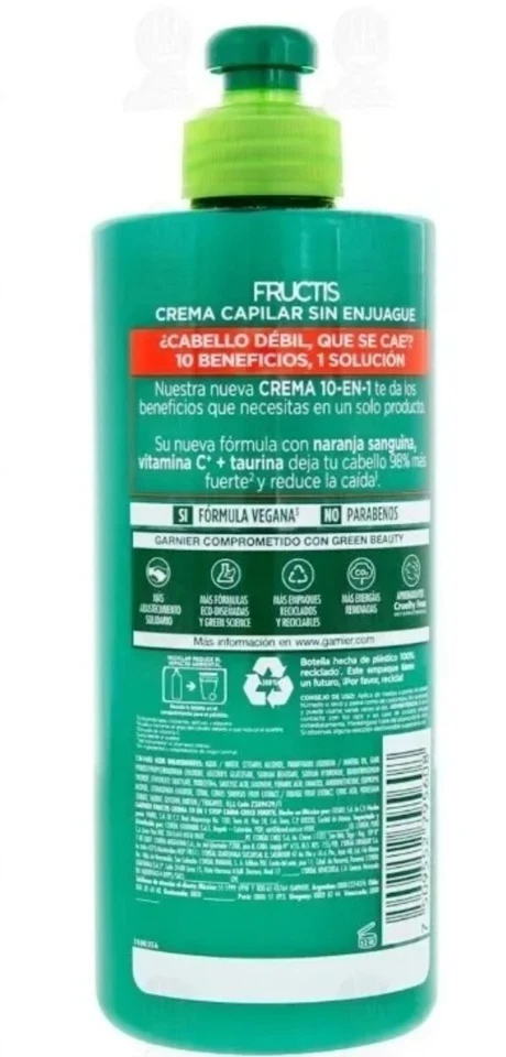 2X GARNIER STOP CAIDA CREMA ❤PARA PEINAR 300ML BENEFICIOS 10en1/ ANTI HAIRLOSS❤️ - Image 2 of 2