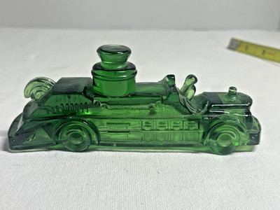 Vintage Glass Fire Truck Fire Engine Candy Holder Container Toy