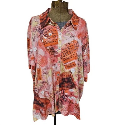 Caribbean Joe Blouse Let Go Womens 2X Hawaiian Button Front Newspaper Print