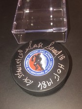 JSA SERGE SAVARD AUTOGRAPHED HALL OF FAME SIGNED PUCK 2 INSCRIPTIONS Holder 115