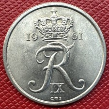 Denmark 1961 Copper-Nickel 25 Ore. Frederick IX. High Grade. KM# 850