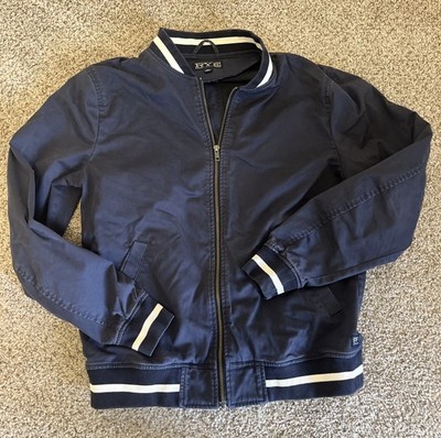 RYE By Hawker Varsity Bomber Jacket Navy Blue White Stripe Trim Fit Size Medium