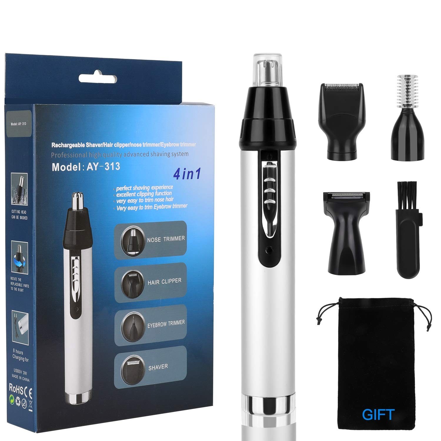 QKURT USB 4 in 1 Ear and Nose Hair Trimmer Safely Painless Personal Grooming Kit