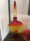 Blenko sun Face decanter in tangerine  signed  Hand Blown Glass