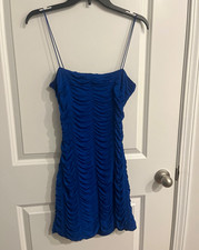 Windsor Blue Ruched Mesh Lined Open Back Spaghetti Strap Mini Dress L