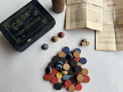 Antique 1894 GO ON Game Run For The Stake Educational Arithmetic Game w Box