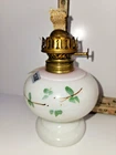 P&A Hornet hand painted milk glass and brass oil lamp (NO CHIMNEY!) LEAF MOTIF