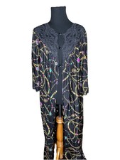 Vassarette Silk Peignoir Robe Women's 3/4 Sleeve Shiny Button Up Jewels Print L